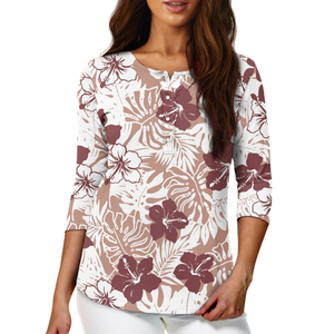 Chemises décontractées d'été boutonnées pour femmes en gros, T-shirts personnalisés à imprimé vintage polynésien, chemises à manches sept-quarts par sublimation - Product Image 3