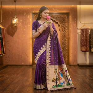 <b>Purple</b> Silk <b>Saree</b> With Peacock And Floral meenakari Weaving Traditional Indian Wedding Wear For Women - Product Image 1