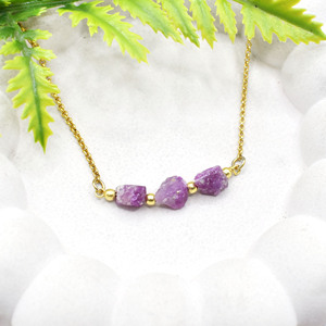 Raw Ruby Three Stone Necklace Gold Plated Cable Chain Handmade Birthstone Gemstone Jewelry Gift for Women Wife <b>Girlfriend</b> - Product Image 1