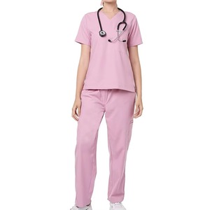 Pink Women's <b>Scrub</b> <b>Top</b> V-Neck Short Sleeve With Pockets Hospital Uniform Woven Cotton Polyester Blend - Product Image 1