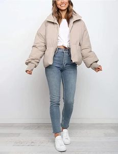 <b>Women's</b> <b>Beige</b> Waterproof Solid Down Coat Regular Length Hooded Lantern Sleeve Zipper Closure Winter Warm Casual Outerwear - Product Image 2