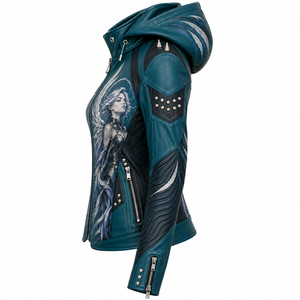Chaqueta de cuero genuino para mujer, color verde azulado y negro, con capucha, estilo motero, estampado personalizado Celestial Valkyrie, mangas con textura ondulada y detalles de púas. - Product Image 4