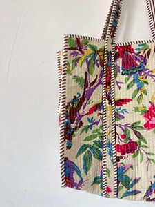 Handmade <b>White</b> Floral Quilted Cotton Tote <b>Bag</b> with <b>Hand</b> Block print Bohemian Style Open Casual Shopping Tote <b>Bag</b> for Women - Product Image 3
