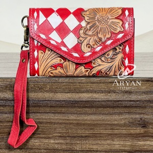 2026 Fashion Cowgirl Handcrafted Tooled Checkered Leather <b>Wristlet</b> Wallets Genuine Leather Floral Clutch Purse RFID Card Holder - Product Image 1
