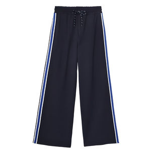 Pantalon large bleu marine pour femme avec bande latérale, taille à cordon, décontracté, en polyester tricoté, longueur intégrale, style printemps - Product Image 1