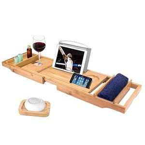 Bamboo Bathtub <b>Caddy</b> Tray Expanding <b>Bath</b> Board Organizer Wine Glass Tablet Holder For Luxury Spa Bathroom Decor Wholesale - Product Image 2