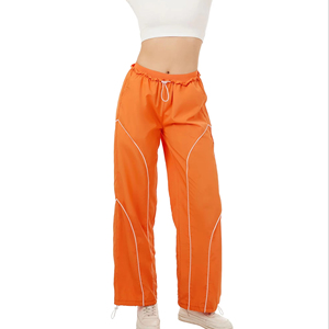 Pantalones Anchos Tipo Paracaídas Color Naranja para Mujer, Cintura Alta con Cordón, Largos, Casuales, Transpirables, 100% Poliéster, con Raya Lateral - Product Image 1
