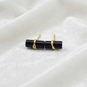 Ratnarachit <b>Black</b> Onyx <b>Earrings</b> 12x5mm Rounded Rectangle Wire Wrapped Gold Plated Minimalist <b>Studs</b>-Gift - Product Image 6