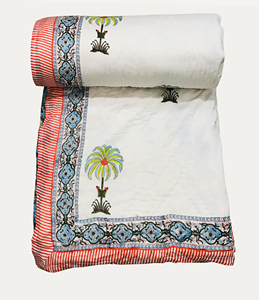 Handmade Reversible Block Print Cotton <b>Quilt</b> with Palm Tree Pattern Bohemian Style Red Striped Border All-Season Home Use - Product Image 3