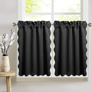 Modern 100% Blackout Pleated Half <b>Curtain</b> 2 Panels with Scallop Design and Hooks for Home Office Hotel Cafe <b>Kitchen</b> Use - Product Image 1