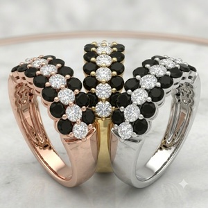 Superbe bague en or blanc massif 18 carats avec diamants noirs et blancs, taille ronde, pavé 3 rangs, alliance d'anniversaire, bijoux fins, vente en gros - Product Image 4