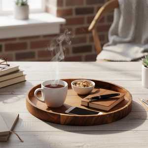 Round Acacia Wood Tray Coffee <b>Table</b> Tray Ottoman Tray Decorative Kitchen <b>Table</b> Organizer & Home Décor <b>Vanity</b> Catchall Tray - Product Image 3