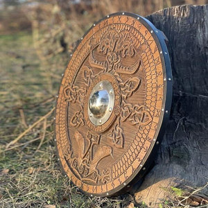 Escudo Redondo de Madera Vikingo Nórdico Duradero, Artesanía Clásica Hecha a Mano para Exhibición Histórica, Disfraces y Decoración del Hogar - Product Image 4