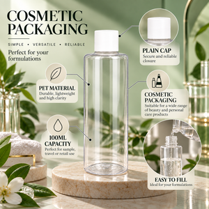 <b>100ml</b> PET Cosmetic <b>Bottle</b> | Clear Empty <b>Plastic</b> Container with Plain Cap for Skincare Haircare Beauty Products Personal Care Use - Product Image 5