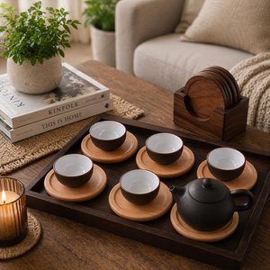 Customized Round Wooden Cup Coasters Set with Holder Eco-Friendly Classic Design <b>Table</b> Decor for Tea/Coffee <b>Tables</b> - Product Image 3