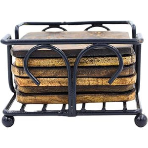 Handcrafted Brass Handle Wooden <b>Coaster</b> <b>Set</b> Elegant Classic Style Acacia Drink Mats 5mm Thickness <b>with</b> Table <b>Holder</b> - Product Image 2