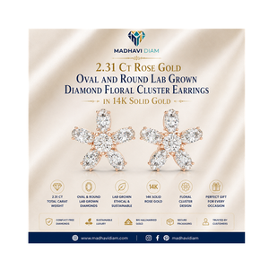 Élégantes boucles d'oreilles clous en or rose massif 14 carats avec diamants de laboratoire ovales de 2,31 carats en grappe florale, bijoux de luxe pour mariage et soirée - Product Image 1