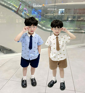 Conjunto de Verano para Niños, Estilo Británico Informal, Ropa Formal Elegante con Estampado de Oso, Camisa y Pantalones Cortos + Corbata - Product Image 5