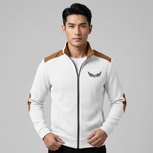 White Men's Sporty Long <b>Thin</b> Canvas Front Jacket with Brown Accents Stand Collar Zipper Embossed Logo Summer Wear - Product Image 4