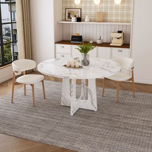 Tavolo da Pranzo Rotondo da 120 cm per 4 Persone, Stile Rustico in MDF con Finitura Bianca Effetto Marmo, Facile Montaggio, Capacità 136 kg, per Cucina/Sala da Pranzo - Product Image 1