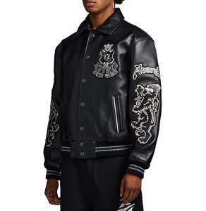 Avirex Men's Black Leather Bomber <b>Jacket</b> Embroidered Crest Front Button Regular Fit Turn-down Collar Streetwear <b>Winter</b> <b>Jacket</b> - Product Image 6