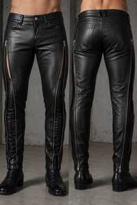 Premium Slim Fit Genuine Leather Pants Men Black Biker Trousers Outer <b>Thigh</b> Zipper Pockets Ankle Zips Custom OEM Wholesale - Product Image 3