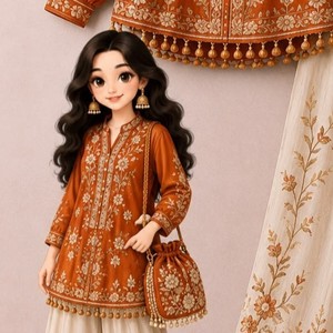 Conjunto de chal floral de algodón y gasa bordado tradicional para mujer, estilo indio y pakistaní, para uso diario informal, en tonos marrón y dorado, para todas las estaciones. - Product Image 2