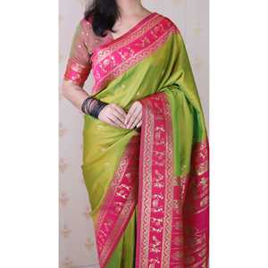 Traditional <b>Warli</b> Art Saree Mehendi Green Soft Silk Zari Woven Indian & Pakistani Clothing - Product Image 3