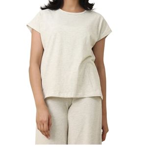 Women Light Beige Crew Neck <b>Cap</b> <b>Sleeve</b> T Shirt Loose Fit Cotton Casual Summer Basic <b>Top</b> Custom Wholesale OEM Manufacturer - Product Image 2