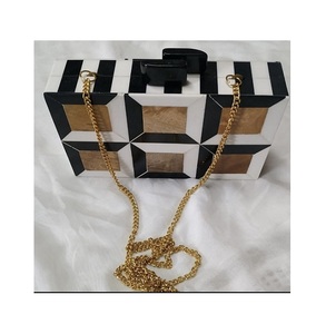 Artistic Resin Clutch Box With Geometric Black White Pattern <b>Gold</b> Chain Handle Fashion Statement Accessory - Product Image 1