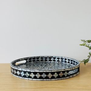 Premium Quality Round Mother Of Pearl Inlay <b>Serving</b> <b>Tray</b> Handmade Oriental Decorative Plate <b>Black</b> White Pattern Design - Product Image 1