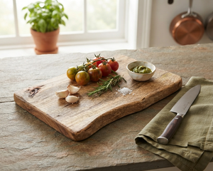 Planche à découper en bois rustique rectangulaire avec bord naturel et poignée antidérapante, couteau en bois inclus - Product Image 6