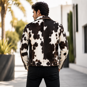 Blouson Bomber Homme en Cuir Style Motard avec Détails en Poil de Vache, Motif Écossais Tendance Été, Respirant, Fermeture Éclair - Product Image 5