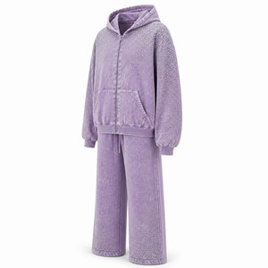 <b>Women</b> Lavender Washed Hoodie <b>Jogger</b> Set Rhinestone Detail 2 Piece Tracksuit Casual Sportswear Streetwear Matching <b>Outfit</b> Stylish - Product Image 2