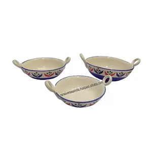 Panci Kadai/Paella Keramik Klasik dengan Pola Daun dan Pegangan Ganda untuk Peralatan Makan dan Peralatan Makan