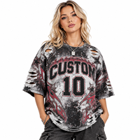 Kaos Wanita Oversize Longgar 100% Katun Jersey Kerah Bulat Cetak Digital Distressed Lengan Pendek Grafis Custom Print