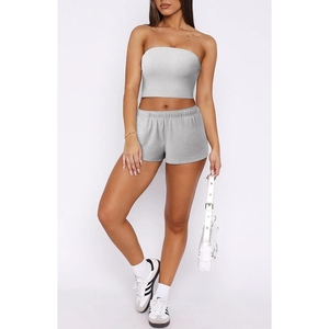 2025 Women's Summer 2-Piece Set Strapless Tube <b>Tops</b> & Sweatshorts Bandeau Band & Sweat Shorts Two Comfortable Pieces - Product Image 1