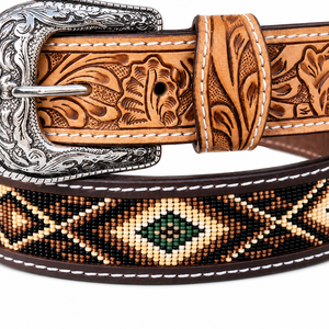 Genuine Leather Vintage Casual <b>Western</b> Cowboy <b>Belt</b> Handmade Beaded Floral <b>Mens</b> Rodeo Engraved Silver Buckle Heavy Duty Durable - Product Image 4