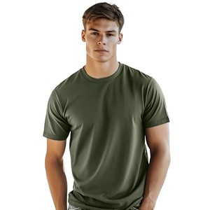 T-shirt décontracté pour homme en jersey de coton vert olive à manches courtes, coupe classique, col rond, respirant, couleur unie, tricoté - Product Image 1