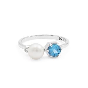<b>Indian</b> 925 Sterling Silver Genuine Blue Topaz & Round Pearl Gemstone Toi Et Moi Engagement <b>Ring</b> Fine Jewelry Manufacturer Seller - Product Image 1