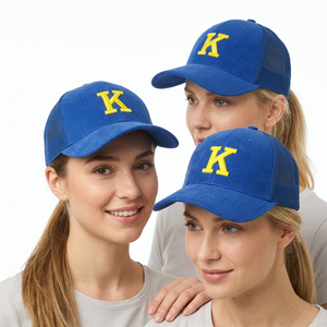 Casquette de camionneur en maille bleue avec broderie K jaune, ajustable, six panneaux, unisexe, décontractée - Product Image 5