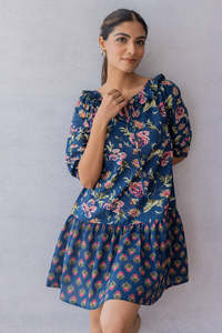 Vestido MIDI con Estampado Floral, Vestido Azul de Algodón con Mangas Abullonadas y Cuello con Volantes, Estilo Casual de Verano, Corte en A, Mini, Holgado - Product Image 3