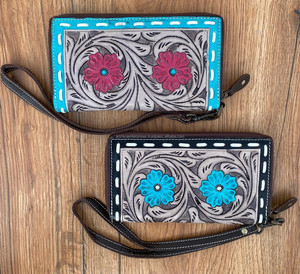 Cartera de mano de cuero auténtico tallada a mano, Cartera de gran oferta multiusos con flores de Color rojo para mujer - Product Image 5