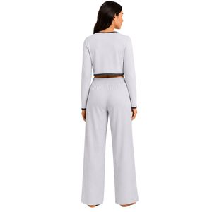 Manufacturer Light Gray And Charcoal Women Long Sleeve <b>Crop</b> <b>Pajama</b> Set Soft Cotton Knit Button Front Wide Leg Lounge Sleepwear - Product Image 2