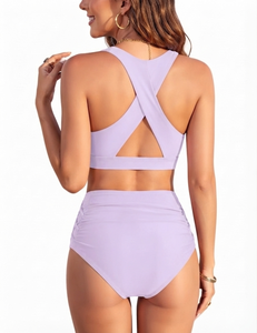 Swimsuit Lite Purple Woman High Waisted Bikini Set Two Piece <b>Tummy</b> <b>Control</b> Cross Wrap Crop Top Bathing Suit Summer Swim Wear - Product Image 2