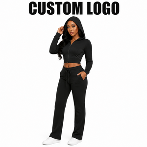 Ensemble survêtement femme 2 pièces avec logo personnalisé : pantalon de jogging et sweat à capuche court zippé 2026 - Product Image 2