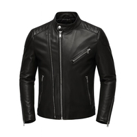 Blouson de motard en cuir d'agneau noir pour homme - Coupe ajustée, style moto, nouvelle mode, motif uni, décontracté, logo frontal