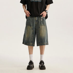 Shorts cargo en jean pour hommes, coupe ample, style hip-hop, effet vieilli, délavé, à empiècements, style jorts, streetwear, oversize, boardshorts - Product Image 3