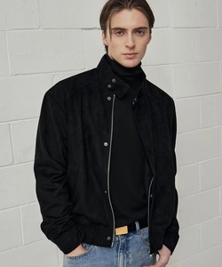 Men's <b>Black</b> <b>Suede</b> Bomber <b>Jacket</b> Stand Collar Zipper Closure Casual Autumn Wear Regular Fit - Product Image 2