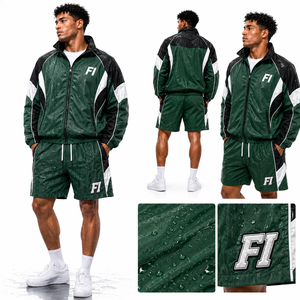 Ensemble court coupe-vent personnalisé en nylon avec fermeture éclair, style universitaire, patchwork, coupe oversize, pour hommes - Product Image 3